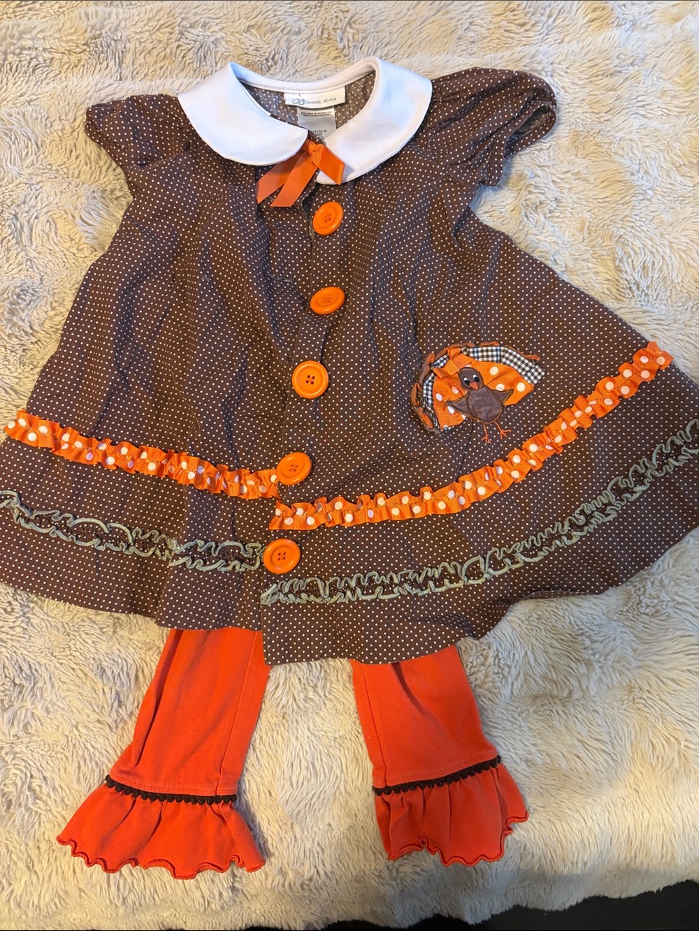 Bonnie Jean Brown Polka Dot Dress with Orange Trim and Leggings size 2T